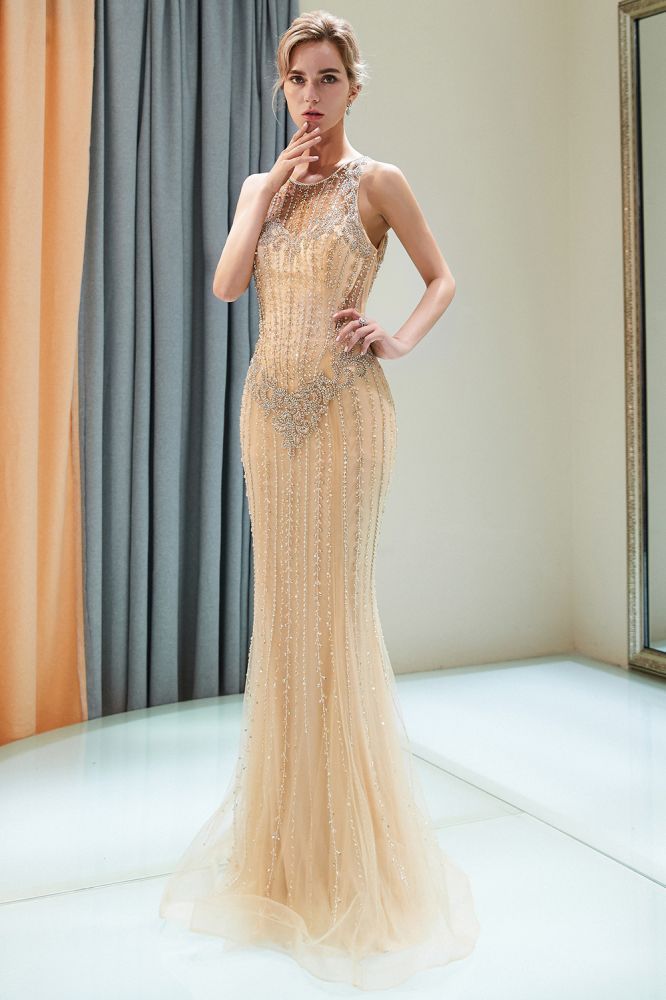 Glitzerndes ärmelloses Perlenbesetztes goldenes Abendkleid mit Rundhalsausschnitt und Meerjungfrau-Partykleid
