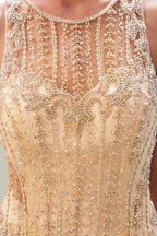 Robe de soirée dorée sirène à perles sans manches pailletée col rond