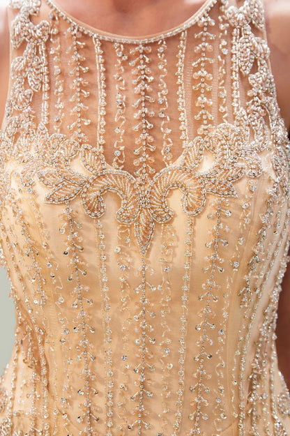 Glitzerndes ärmelloses Perlenbesetztes goldenes Abendkleid mit Rundhalsausschnitt und Meerjungfrau-Partykleid