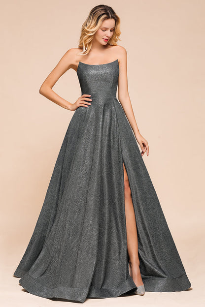 Glitzerndes, trägerloses, rückenfreies, langes Ballkleid mit Schlitz