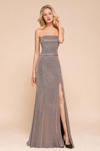 Glitter Strapless Floor Length Prom Dress Sleeveless Split Slit Evening Gown