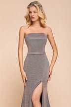 Glitter Strapless Floor Length Prom Dress Sleeveless Split Slit Evening Gown