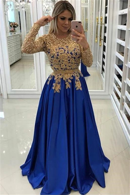 Abendkleid mit goldenen Perlen und Spitzenapplikationen und Ärmeln 