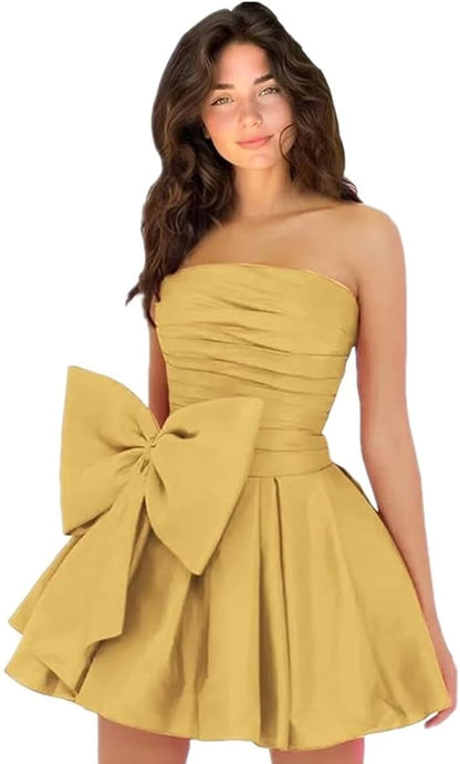 Vestidos de fiesta cortos y elegantes de corte A, sin mangas, sin tirantes, fruncidos, con cordones y lazo