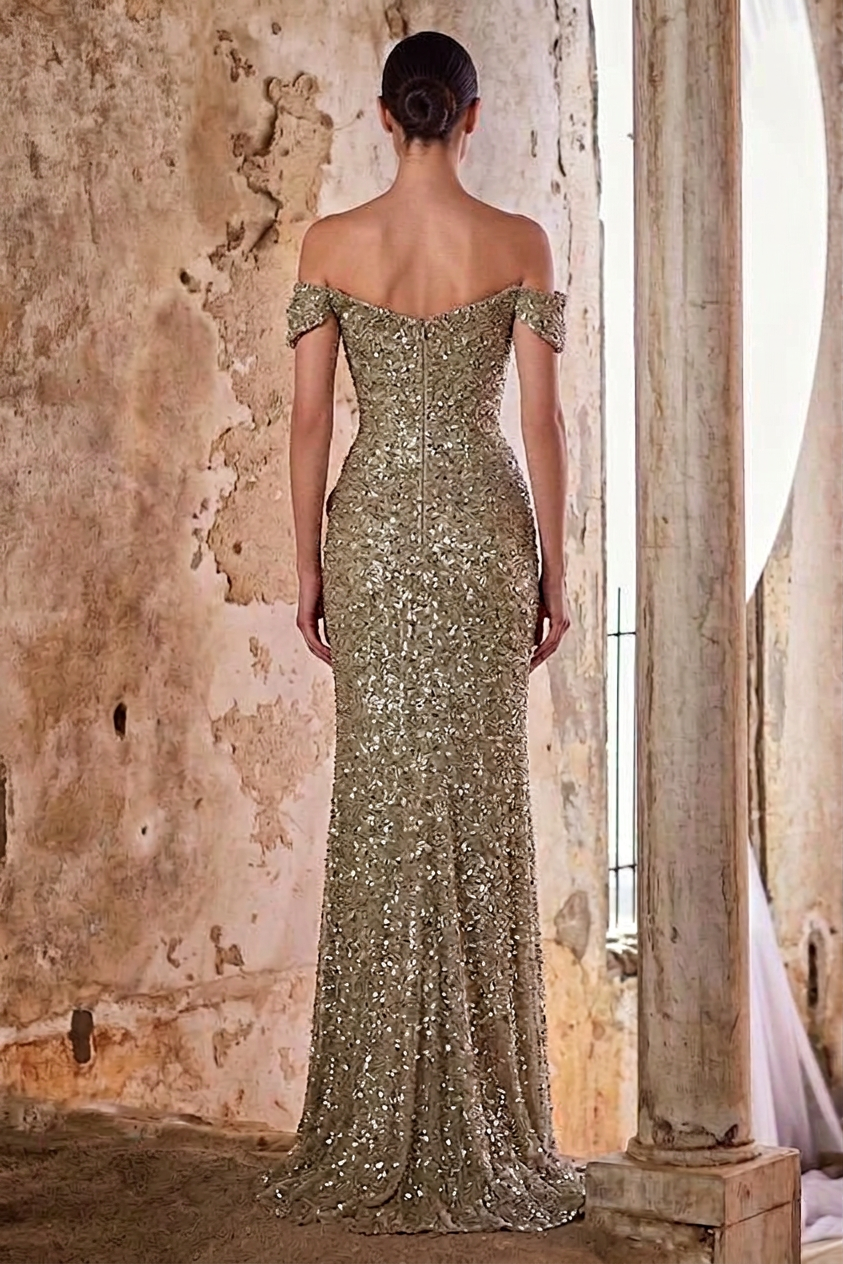 Gold Mermaid Luxury Evening Gown Sequin Crystal Ruched High Slit Dress