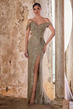 Gold Mermaid Luxury Evening Gown Sequin Crystal Ruched High Slit Dress