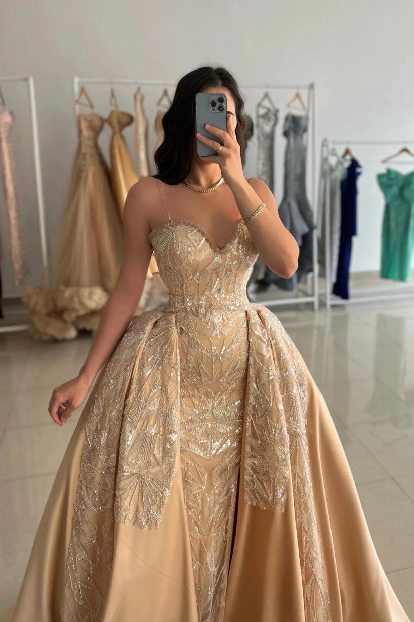 Gold Sequin Mermaid Prom Dress with Detachable Overskirt Evening Gown