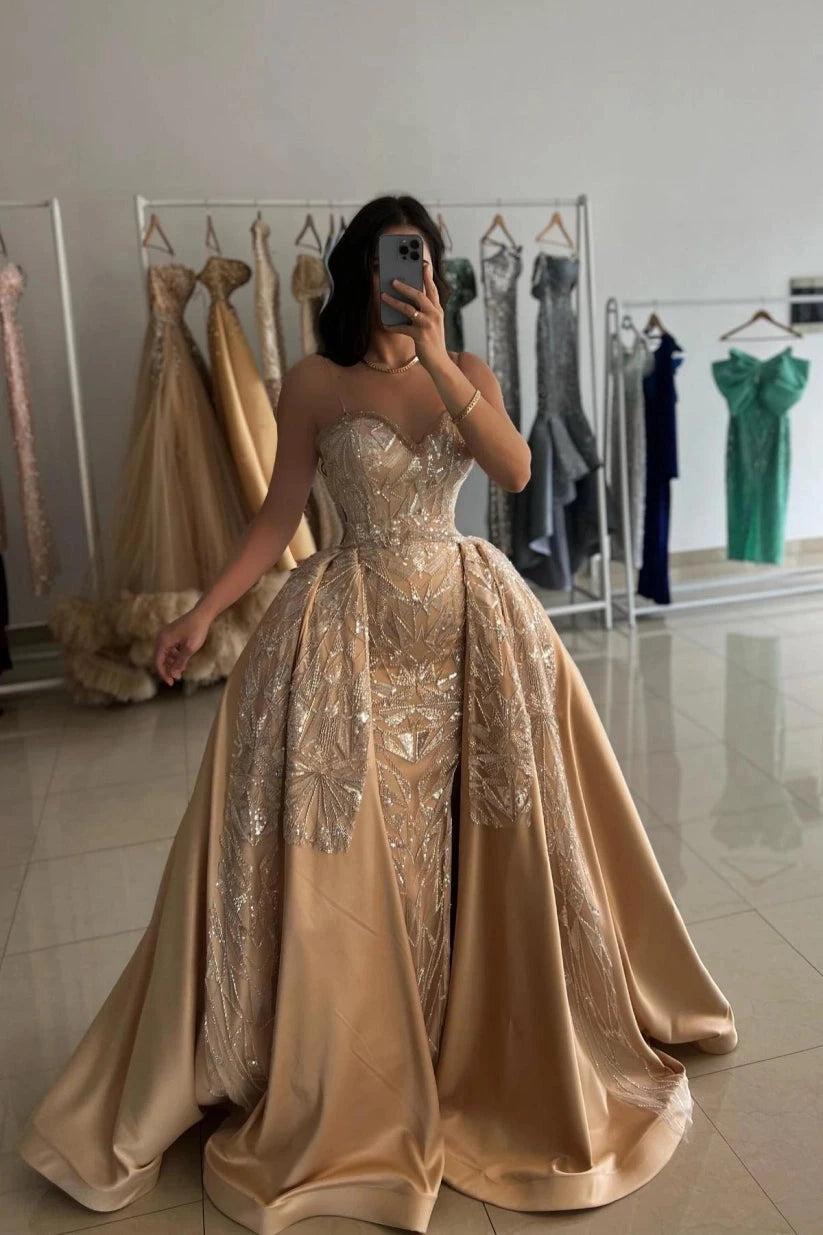 Gold Sequin Mermaid Prom Dress with Detachable Overskirt Evening Gown