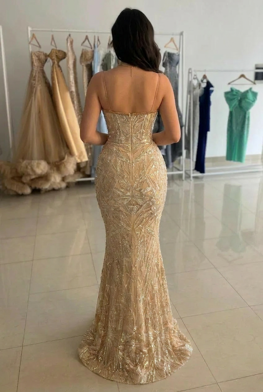 Gold Sequin Mermaid Prom Dress with Detachable Overskirt Evening Gown