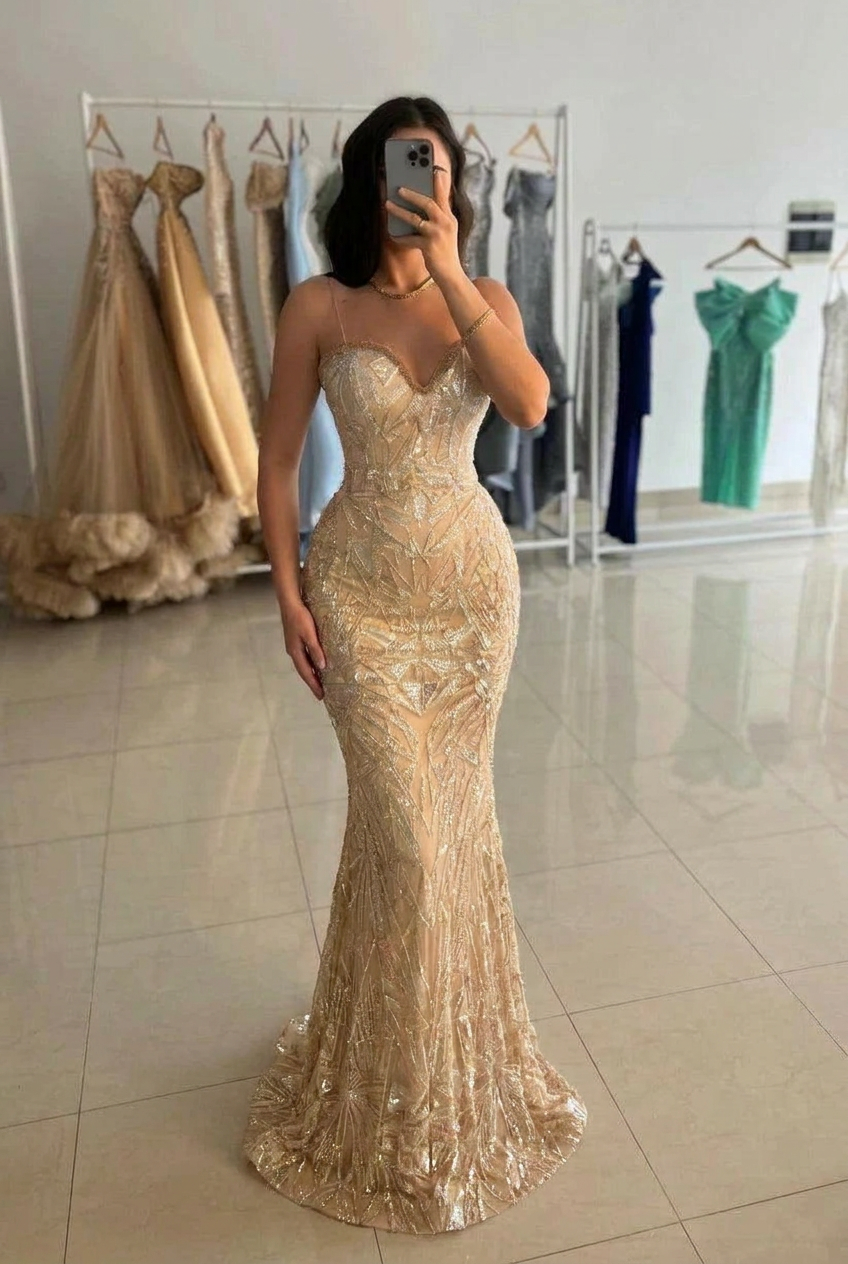 Gold Sequin Mermaid Prom Dress with Detachable Overskirt Evening Gown