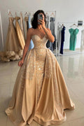 Gold Sequin Mermaid Prom Dress with Detachable Overskirt Evening Gown