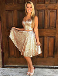 Gold Short A-Line Sequined V-Neck Two Piece Prom Dress