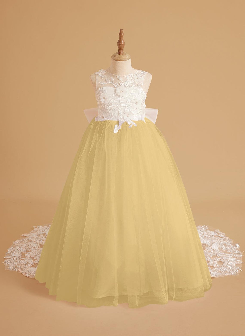 Sleeveless Princess Flower Girl Dress With Detachable Train And Beaded Lace
