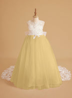 Sleeveless Princess Flower Girl Dress With Detachable Train And Beaded Lace