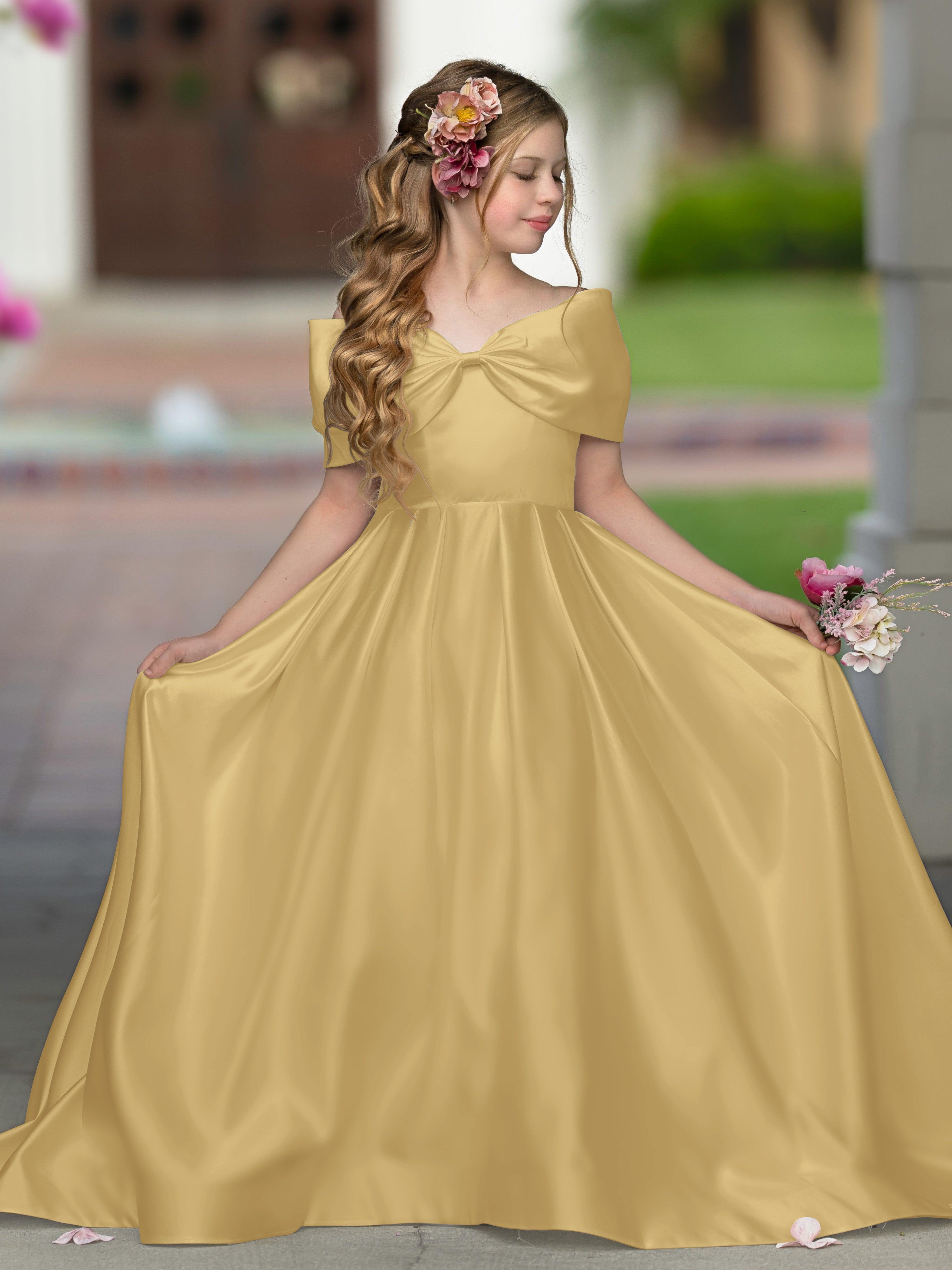 Ivory Satin Flower Girl Princess Ball Gown With Sweep Train And Bow Trim