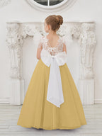 Detachable Lace Tulle Flower Girl Dress With Bow And Sweep Train