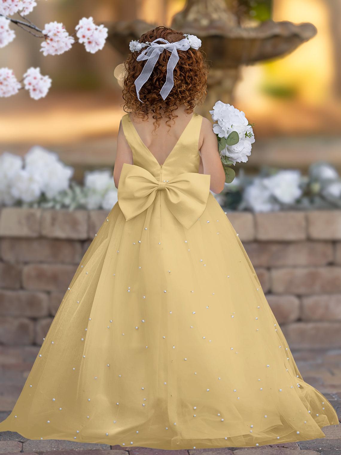Floor Length V Neck Satin Tulle Princess Flower Girl Dress