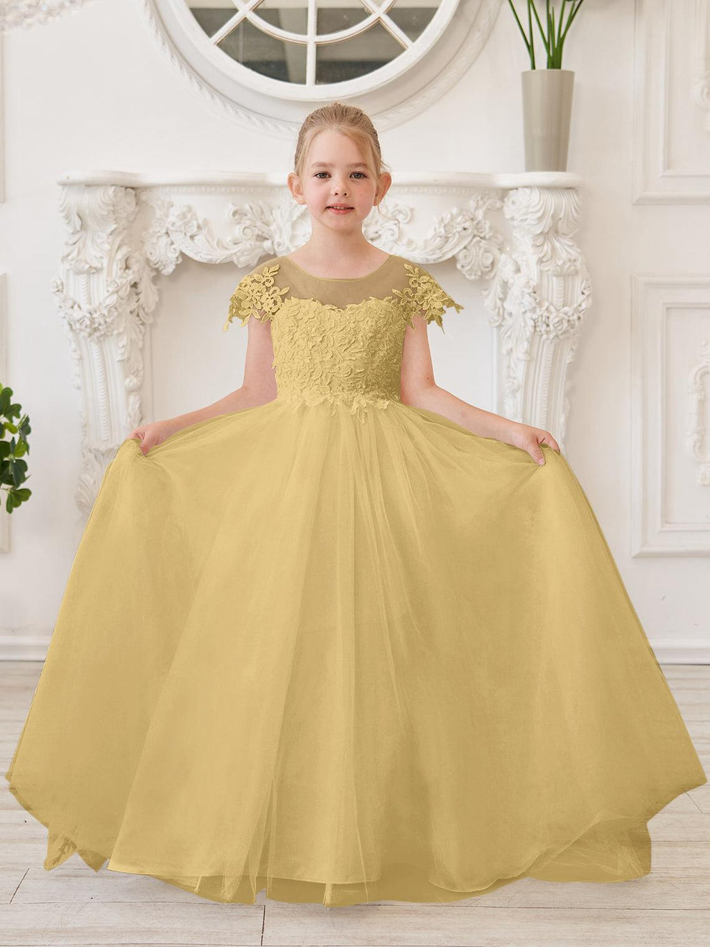 Ivory Lace Tulle First Communion Flower Girl Dress With Detachable Train