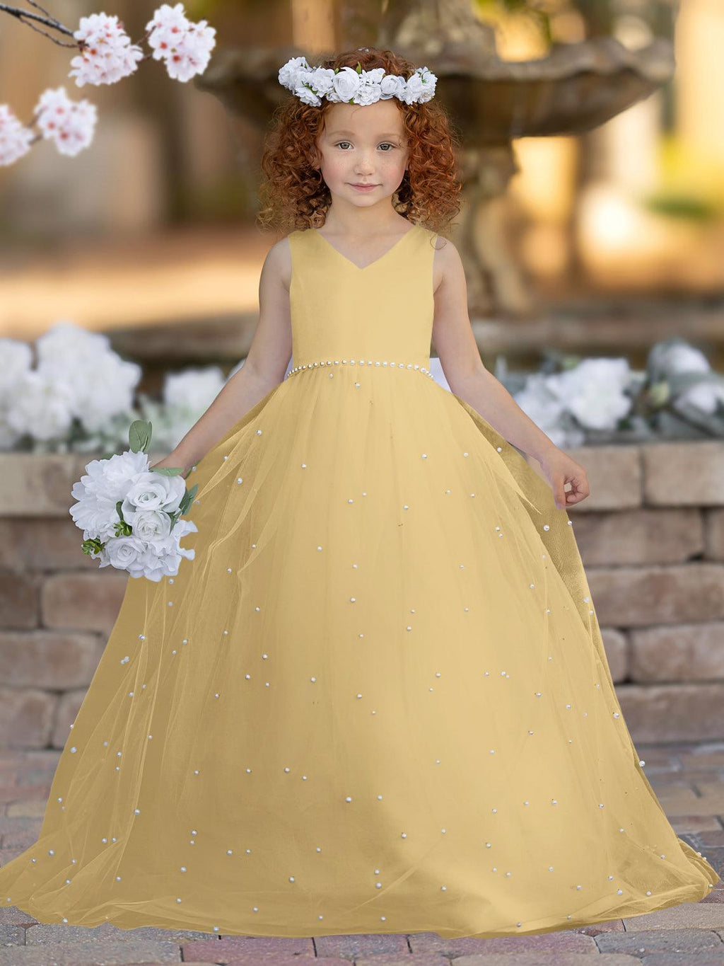 Floor Length V Neck Satin Tulle Princess Flower Girl Dress