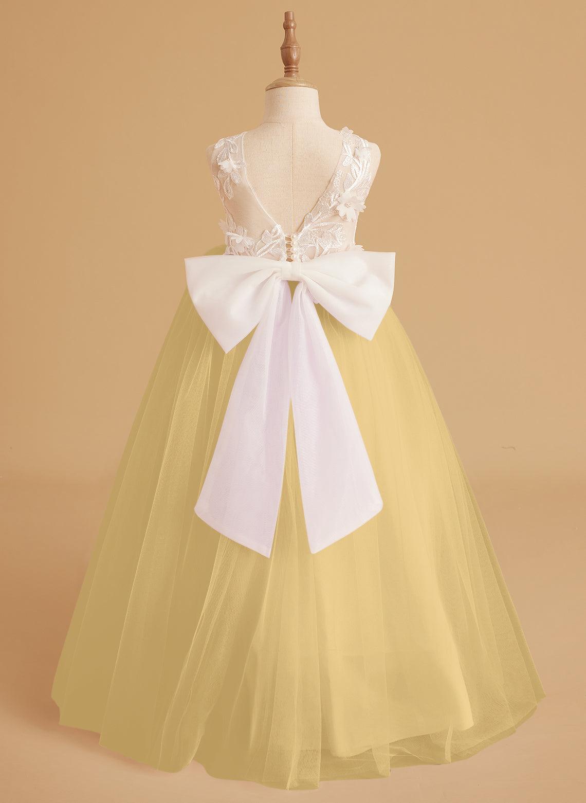 Sleeveless Princess Flower Girl Dress With Detachable Train And Beaded Lace