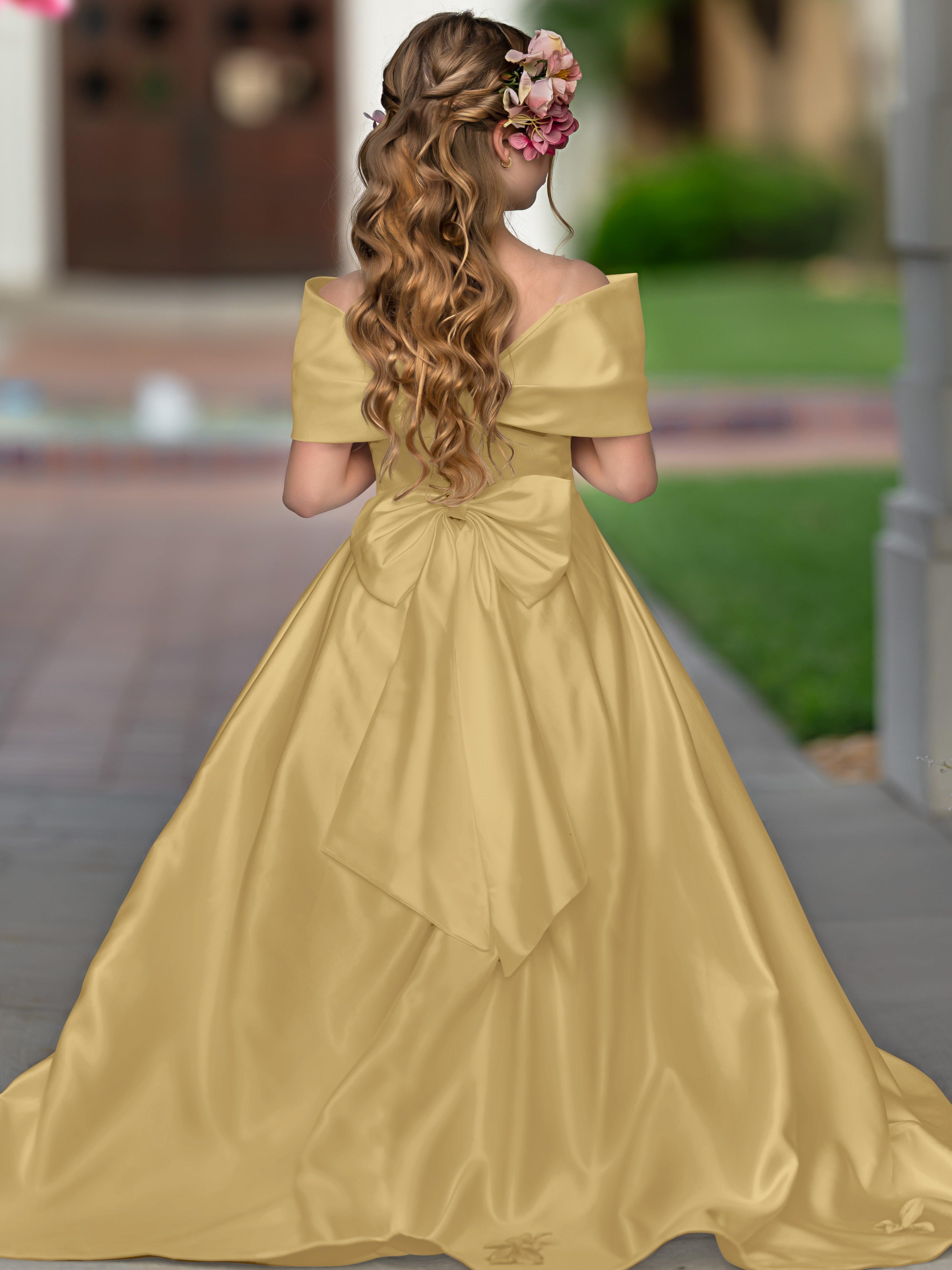 Ivory Satin Flower Girl Princess Ball Gown With Sweep Train And Bow Trim