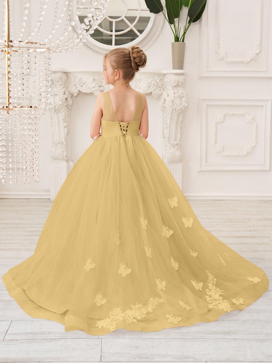 Elegant Sleeveless Tulle Flower Girl Dress With Applique Lace And Sweep Train