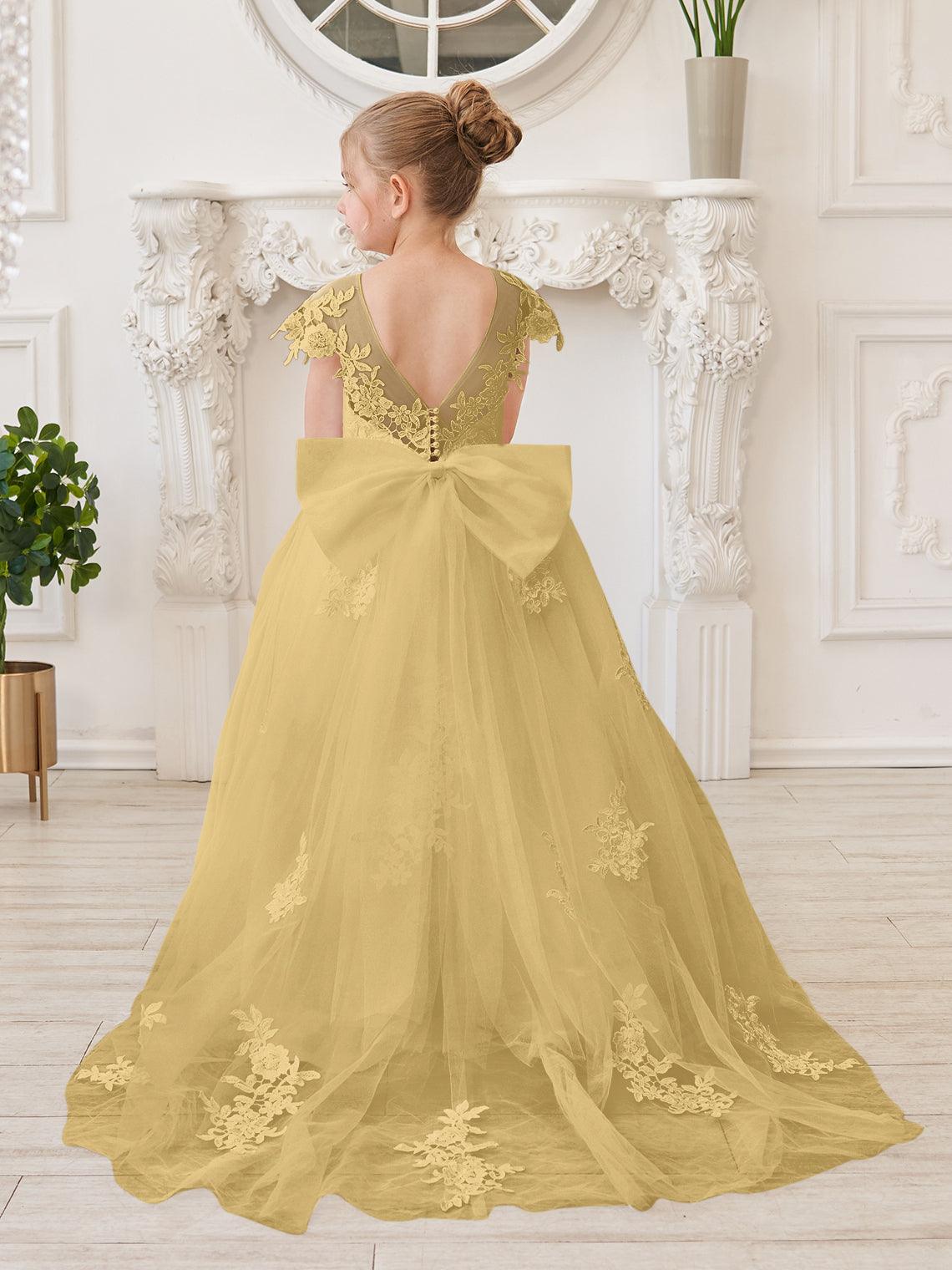 Ivory Lace Tulle First Communion Flower Girl Dress With Detachable Train