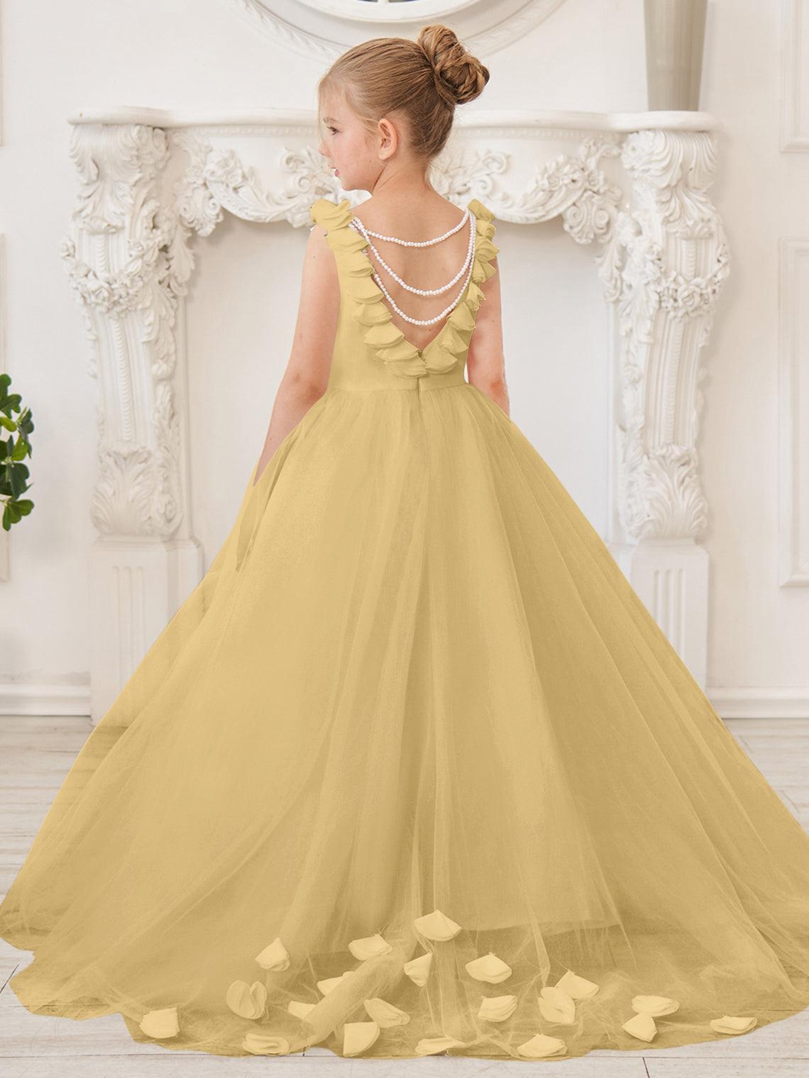 Elegant White Tulle Flower Girl Applique Lace Dress With Sweep Train
