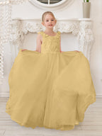 Elegant White Tulle Flower Girl Applique Lace Dress With Sweep Train