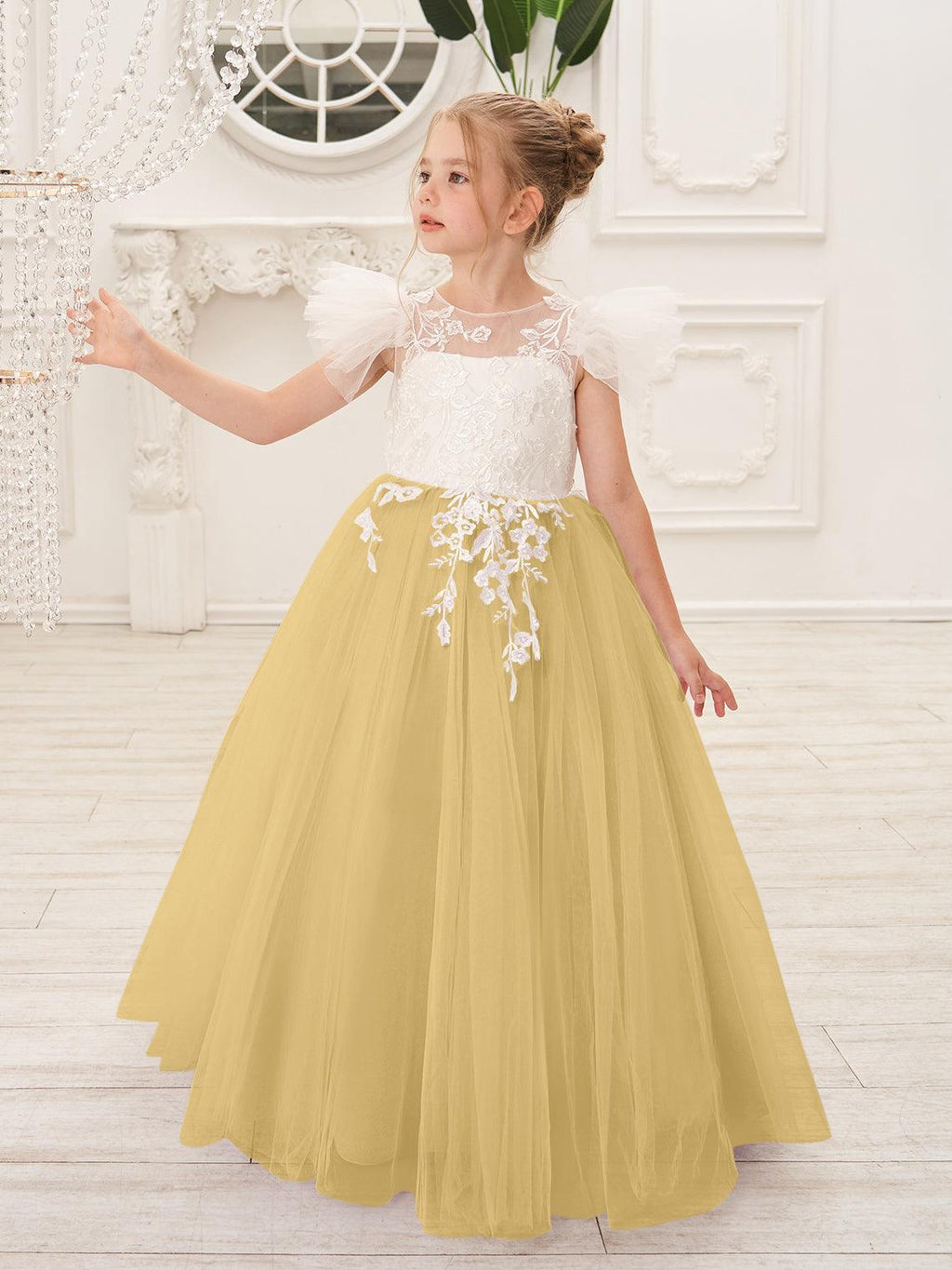 Detachable Lace Tulle Flower Girl Dress With Bow And Sweep Train