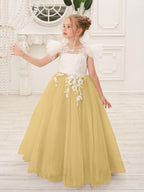 Detachable Lace Tulle Flower Girl Dress With Bow And Sweep Train