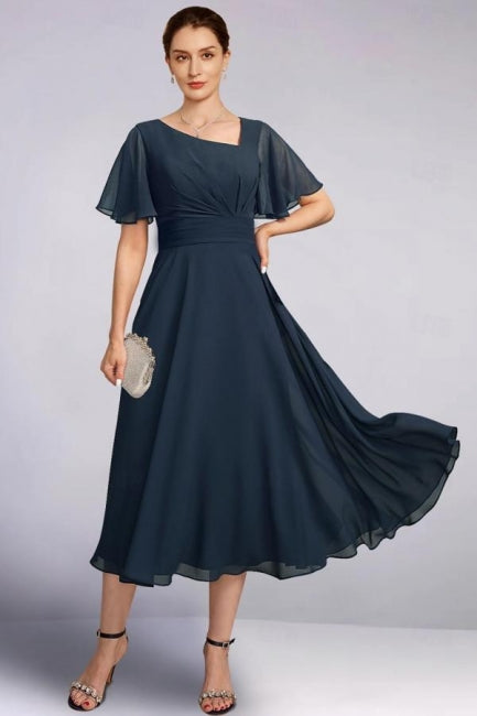 Hermoso vestido de madre de la novia de corte A, de gasa, cuello en V, mangas cortas, vestidos de dama de honor con volantes