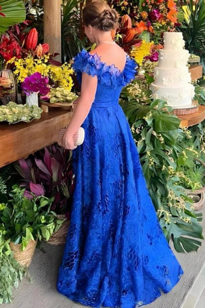 Wunderschönes A-Linien-Spitzenkleid für die Brautmutter, schulterfrei, ärmellos, blaue Brautjungfernkleider