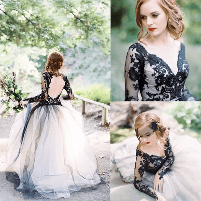 Wunderschönes A-Linien-Brautkleid mit V-Ausschnitt und langen Ärmeln in schwarzer Spitze