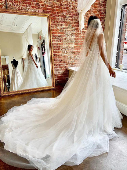 Wunderschönes A-Linien-Brautkleid mit V-Ausschnitt, offenem Rücken und Tüll
