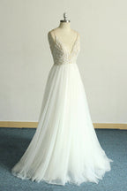 Elegant A Line White Lace Tulle Wedding Dress Sleeveless With Appliques On Sale