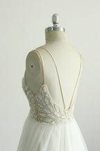 Elegant A Line White Lace Tulle Wedding Dress Sleeveless With Appliques On Sale