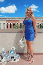 Gorgeous Blue Backless Satin Sleeveless Homecoming Dress With Beads