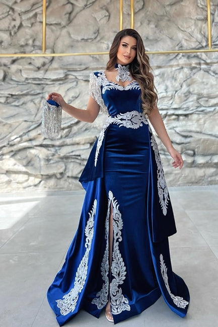 Hermosos vestidos de fiesta azules de escote en forma de corazón, columna, apliques, sin mangas, abertura frontal, largo hasta el suelo, con cola