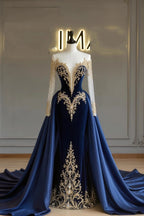 Blue V Neck Mermaid Prom Dress With Long Sleeves And Detachable Train
