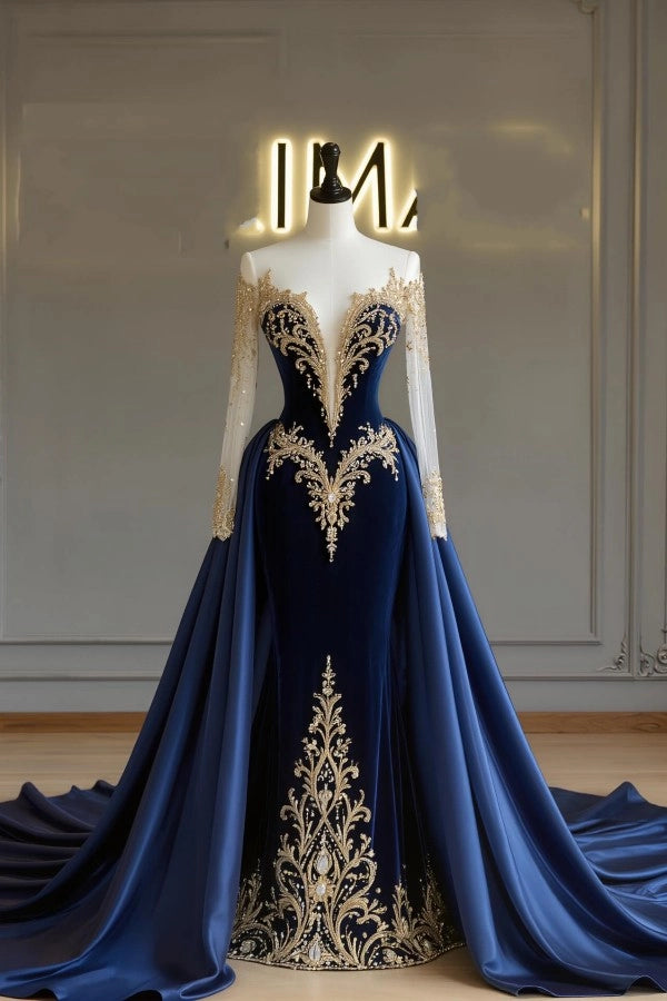 Blue V Neck Mermaid Prom Dress With Long Sleeves And Detachable Train