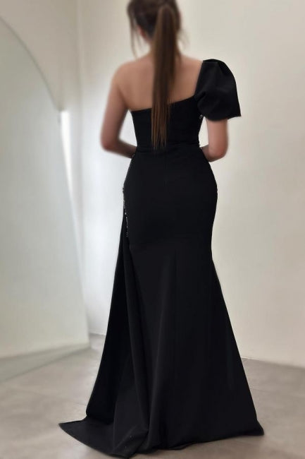 Vestidos de Festa Deslumbrantes em Cetim com Coluna, Um Ombro, Sem Mangas e Fenda com Lantejoulas