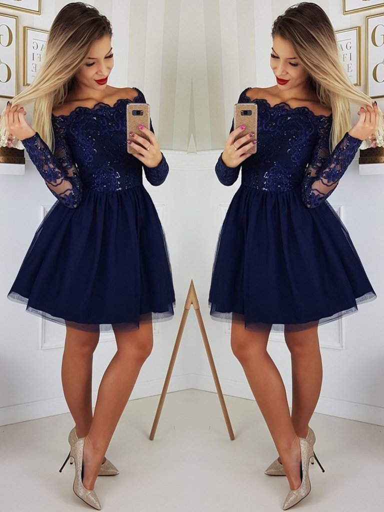 Hermosos vestidos de fiesta cortos con lentejuelas azul oscuro y mangas