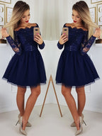 Hermosos vestidos de fiesta cortos con lentejuelas azul oscuro y mangas