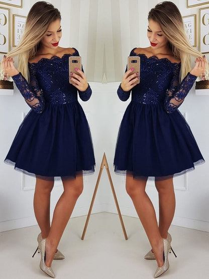 Gorgeous Dark Blue Sequins Short Prom Dresses with Sleeves