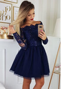 Hermosos vestidos de fiesta cortos con lentejuelas azul oscuro y mangas