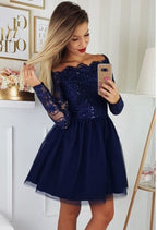 Hermosos vestidos de fiesta cortos con lentejuelas azul oscuro y mangas