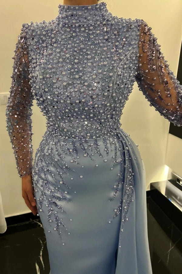 Dusty Blue High Neck Mermaid Prom Dress With Beads