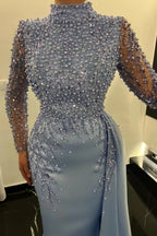 Dusty Blue High Neck Mermaid Prom Dress With Beads