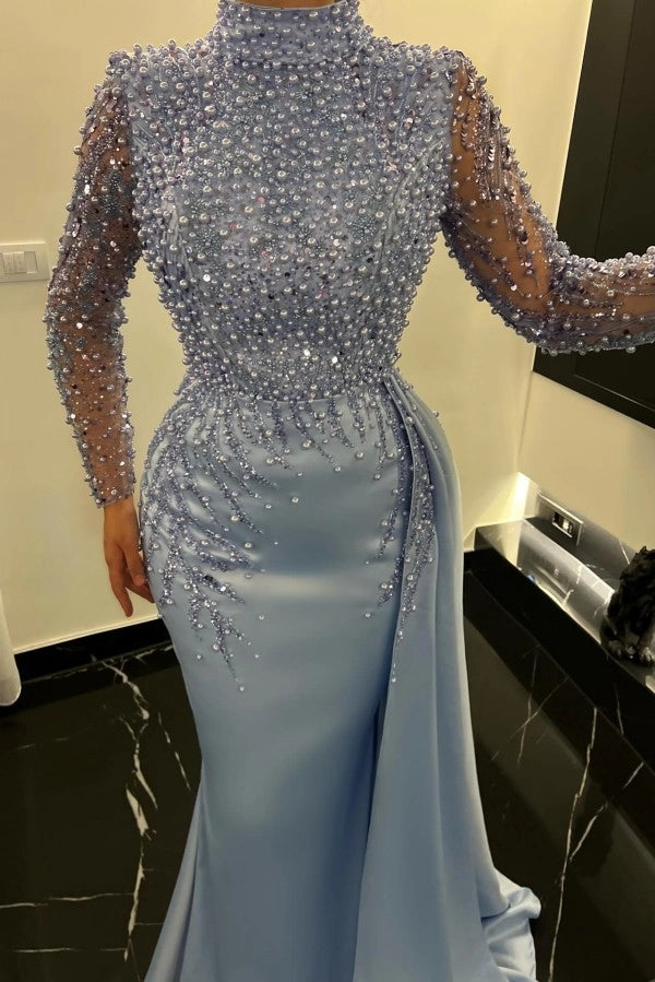 Dusty Blue High Neck Mermaid Prom Dress With Beads
